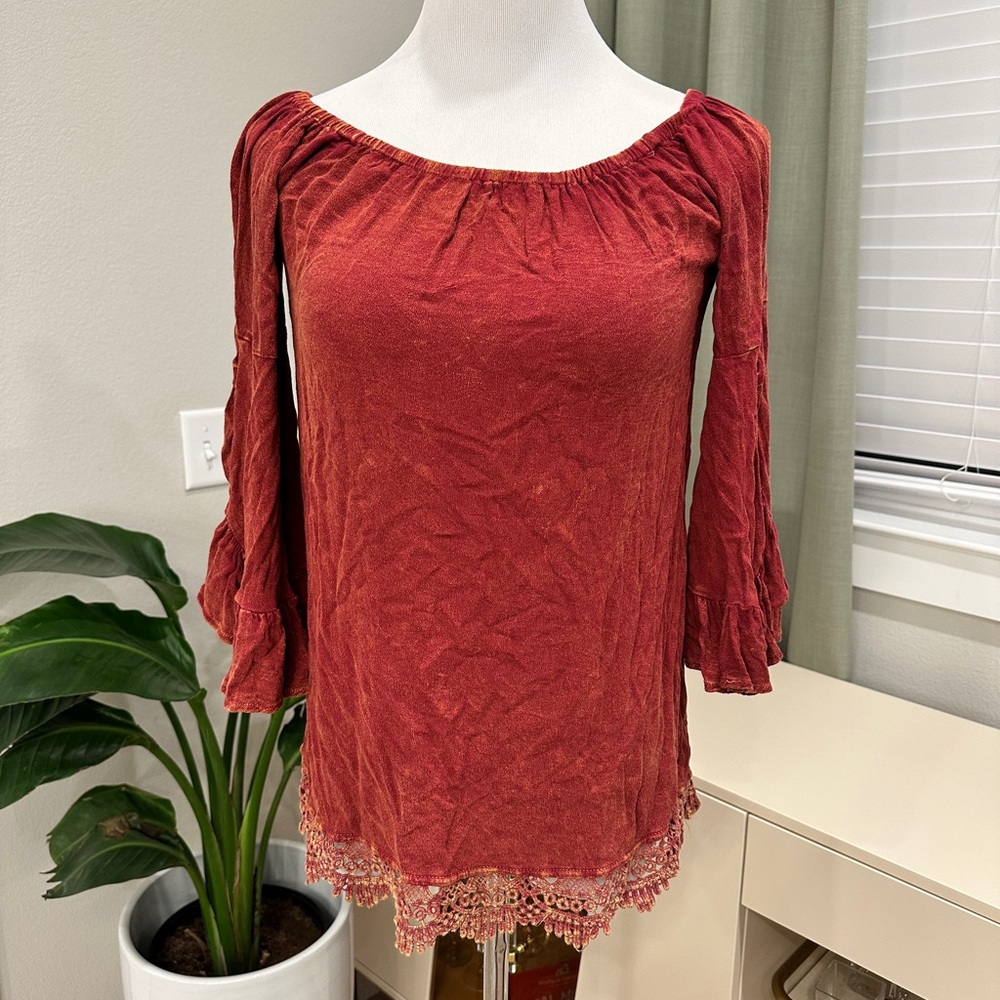 Rust Red Peasant Blouse with Lace Hem